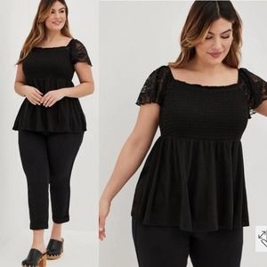 Torrid Babydoll Cotton Blend Smocked Bodice Lace Flutter Sleeve Top Plus Size 3X